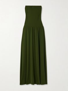 Eres' 'Oda' maxi dress can be styled in a variety of ways, so there'll be more room in your suitcase for shoes - wear it over a bikini as a coverup, or as a skirt with the sculpting bodice folded down. It's made from signature  peau douce  stretch-jersey and stretch-crepe in a versatile dark-green hue that's flattering against all skin tones. Underpin yours with a smoothing strapless bra. Exclusive Dress, Strapless Maxi, Strapless Maxi Dress, Stretch Crepe, Maxi Dress Green, Strapless Bra, Summer Hats, Beach Dresses, Everyday Wardrobe