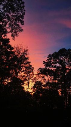 the sun is setting behind some trees in the woods with purple and orange colors on it