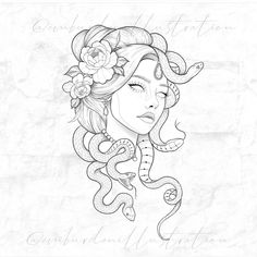 a drawing of a woman with flowers in her hair and a snake around her neck