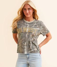 American Highway Go West Camo T-Shirt - Grey X-Small, Women's Tanmulti Flocked graphic printed raw edge t-shirt Bust measures 40 on size small Body length 21 on size small. 65% Polyester 35% Cotton. Machine wash cold. Do not use bleach. Tumble dry at low temperature. Do not iron. Do not dry clean. Apparel & Accessories > Clothing > Shirts & Tops Go West, Women's T Shirts, Accessories Clothing, T Shirt For Women, Raw Edge, Apparel Accessories, Shirts Tops, Camo, Bleach