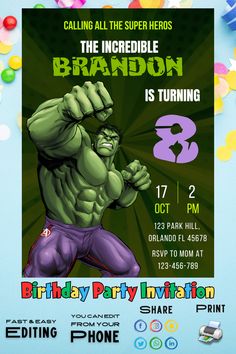 the incredible hulk birthday party flyer is shown with balloons and confetti around it