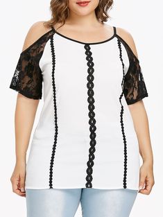 Plus Size Lace Panel Raglan Sleeve Blouse - White - 3Q75565012 - Women's Clothing, Plus Size Women's Clothing  #PlusSizeWomensClothing #Women's #Clothing # #Plus #Size #Women's #Clothing Raglan Sleeve Blouse, Flare Sleeves Pattern, Applique Blouse, Blouse Size Chart, Shirt Collar Styles, Plus Size Lace, Floral Sleeveless Top, Fashion Plus Size, Trendy Plus Size Clothing