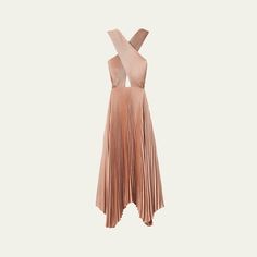 A.L.C. "Athena II" pleated midi dress featuring a crisscross halter neckline in satin-polyester Sleeveless Cut-out back  A-line silhouette Handkerchief hem  Self-tie back  Polyester Dry clean, machine wash cold Imported