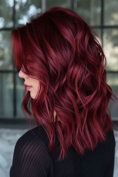 Raspberry Hair Color Highlights, Red Wine Hair Color With Highlights, Medium Red Hair Styles, Cherry Colour Nails, Red Hair Color Balayage, Mid Length Red Hair, Red Shoulder Length Hair, Raspberry Red Hair