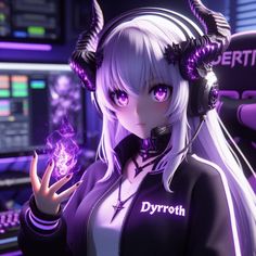 a woman with horns and headphones holding a purple ball