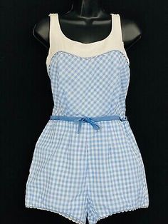 Vintage 1950s blue gingham swimsuit, white cotton check pin up romper dress M L  | eBay 50s Bathing Suit, 1950s Bathing Suits, 1950s Swimwear, 1950s Swimsuit, Vintage Playsuit, Gingham Swimsuit, Swimsuit White, Poolside Fashion, Vintage Swimwear