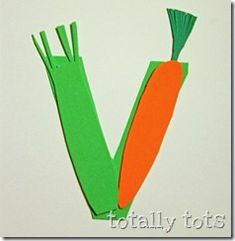 a paper cut out of two carrots with the letter v on it's side