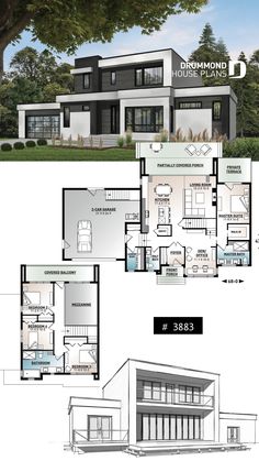 two story house plan with three levels and an open floor plan for the second level