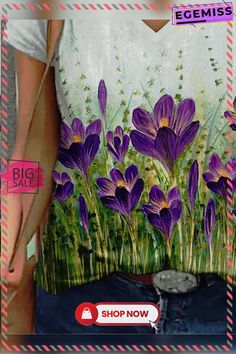 Floral Printed Short Sleeve Cotton-blend T-shirt Spring Purple T-shirt With Graphic Print, Spring Purple Printed T-shirt, Casual Purple T-shirt With Sublimation Print, Purple Graphic Print T-shirt For Spring, Casual Purple T-shirt For Spring, Printed T Shirts, Floral Print Shorts, Unique Designers, Floral Printed