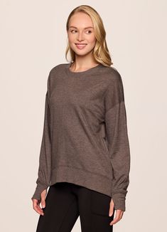 Suitable for the studio to the street, our Sunrise French Terry Sweatshirt is the athleisure pullover you've been looking for. Made with lightweight and soft french terry fabric, this sweater is versatile enough for year-round use and serves as a great layering piece. A stylish dolman design features a relaxed fit, dropped shoulders and longer hemline in back for a comfortable, breathable crewneck pullover. Thumbholes help keep sleeves in place for distraction-free movement. Free Movement, Terry Fabric, French Terry Fabric, Layering Pieces, You've Been, The Studio, Drop Shoulder, French Terry, Athleisure