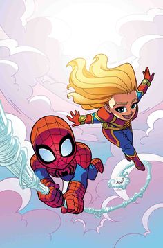 the amazing spider - man and her friend are flying through the air with each other