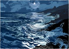 an ocean scene with waves and the moon