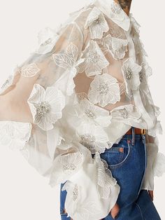 Long Sleeves Loose Buttoned Embroidered See-Through Three-Dimensional Flower Lapel Blouses & Shirts Tops WHITE-S Flower Shirt Outfit, Embroided Top, Embroidered Tshirts, Shirt With Flowers, Lace Trend, Minimalist Blouse, Flower Lapel, Flower Blouse, Applique Shirts