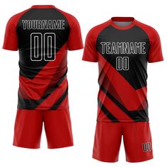 a red and black soccer uniform with the name teamname 00 printed on the front