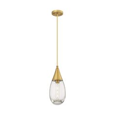 the brass and clear glass pendant light fixture is hanging from a gold colored metal rod