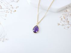 Gold Amethyst Necklace - Amethyst Pendant Necklace - Amethyst Jewelry - Birthstone Necklace - Teardrop Necklace - February Birthstone This Gold Amethyst Necklace is in a teardrop shape and can be personalized. Amethyst is a stone of spiritual protection and purification. Amethyst is the birthstone for the month of February and makes a lovely birthday gift. -------------------------------------------------------------- PERSONALIZED VERSION OF THIS NECKLACE ----------------------------------------