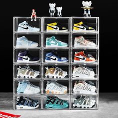 PRICES MAY VARY. 【LARGE SIZE SHOE BOX】The Dimension of these stackable shoe boxes is 14.37"x10.63"x7.87". It fit up to Size 14, big enough for men’s shoes or women’s shoes. 【PREMIUM MATERIAL 】Our sneaker storage box is made of heavy duty material PET and acrylic board which is more sturdy and durable compared to the normal shoe boxes in the market. 【STACKING DESIGN】The clear shoe box can be assembled easily and stacked into a wall stably. To ensure that the built shoe boxes remain stable，there a Clear Sneaker Boxes, Clear Shoe Organizer, Clear Shoe Boxes Storage Ideas, Acrylic Shoe Display, Acrylic Shoe Boxes, Sneaker Organization Ideas, Clear Shoe Boxes Storage, Shoes Box Design Ideas, Shoe Display Ideas