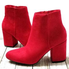 These Newly Arrived Block Heel Booties Are Stylish And Comfy. New In Box Vegan Leatherette Material Inner Zipper With Gold Zipper Tab Lightly Padded Insole Low Chunky Block Heels Boot Height: 8 In. Heel Height: 3 In. Fitting: True To Size. Regular Foot Width. Trendy Red Heeled Boots With Block Heel, Trendy Red Block Heel Boots, Red Stacked Heel Boots For Winter, Red High Ankle Heeled Boots For Winter, Red Stacked Heel Ankle-high Heels, Red Ankle-high Heels With Stacked Heel, Trendy Red Boots With Block Heel, Red Casual Boots With Block Heel, Red Stacked Heel Ankle Boots