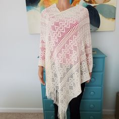 One Size. Knit Ivory Poncho From World Market Casual White Knit Poncho, Beige Knit Poncho One Size, Beige Knit Poncho, One-size Beige Knit Poncho, Cream Sweater For Beach In Fall, White Knit Poncho, White Knit Poncho For Fall, Beige Knit Poncho For Spring, Spring Beige Knit Poncho