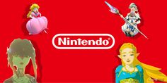 the nintendo logo is surrounded by princesses and other animated characters on a red background