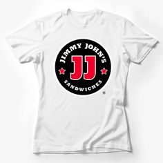 Jimmy John's Franchise Female T-Shirt Custom graphic T-Shirt. Customize your color White Print T-shirt With Logo In Relaxed Fit, Graphic Tee For Fan Merchandise, Fan Merchandise Logo Print Crew Neck Shirt, Graphic Tee T-shirt For Fan Merchandise, Sublimation Print Crew Neck Graphic Tee, Graphic Tee With Crew Neck, Graphic Tee With Sublimation Design For Fans, Graphic Tee With Sublimation Print And Crew Neck, Crew Neck Shirt With Logo Print For Fans