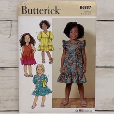 **Brand New** Butterick Child’s Sewing Patterns Butterick B6887 Sizes: A (2, 3, 4, 5, 6) *New, Uncut, Factory Folded* 5 Patterns For $25 Ii Waistline Dress, Toddler Dress Patterns, Sleeve Variations, Puff Dress, Tiered Skirts, Butterick Pattern, Butterick Sewing Pattern, Childrens Dress, Bias Tape