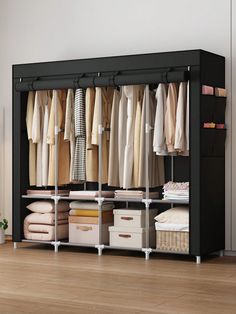 an organized closet with clothes and baskets