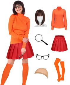 PRICES MAY VARY. Complete Costume Set: The Velma outfit includes the orange top, red skirt, glasses, wig, socks, and a magnifying glass, providing everything you need for a true-to-character transformation. Versatile Sizing Options: Designed for adult women, this women Velma costume skirt comes in various sizes, offering a tailored and confident look for every wearer. High-Quality Materials: Made with care, this Velma costume adult outfit is crafted from premium fabric, ensuring comfort, durabil Velma Outfit, Costumes With Glasses, Halloween Costumes Glasses, Velma Costume, Adult Women Halloween Costumes, Daphne Costume, Classic Movie Characters, Costumes For Teens, Halloween Costume Contest