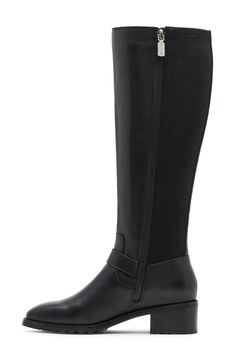 A buckle strap at the ankle adds a sophisticated flourish to an essential knee-high boot that's also waterproof. Waterproof: protects against rain, puddles and slush to keep feet dry in wet conditions 1 1/2" heel 15" shaft; 14" calf circumference Memory foam cushioning Leather and textile upper/synthetic lining/rubber sole Imported Waterproof Black Knee-high Boots For Fall, Black Waterproof Knee-high Boots For Fall, Classic Waterproof Boots With Medium Width, Classic Waterproof Boots Medium Width, Leather Rain Boots For Winter, Waterproof Leather Rain Boots, Leather Rain Boots For Fall, Elegant Waterproof Boots With Round Toe, Knee High Boots