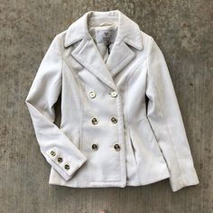 - Super Chic White/Cream Peacoat - Warm And Comfortable - Brand New, Never Worn Outside Fitted Beige Pea Coat For Winter, Cream Double-breasted Outerwear For Winter, Double-breasted Cream Outerwear With Buttons, Cream Double-breasted Outerwear With Double Button Closure, Cream Double-breasted Outerwear With Buttons, Cream Double-breasted Pea Coat For Winter, Winter White Double-breasted Outerwear, Winter White Pea Coat For Workwear, Winter White Pea Coat For Workwear In Winter