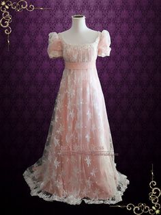 Pink Victorian Wedding Dress With Historical Design, Pink Victorian Dress With Historical Design For Wedding, Regency Style Wedding Gown With Fitted Bodice, Regency Style Ball Gown For Wedding, Regency Style Wedding Ball Gown With Historical Design, Regency Style Historical Wedding Ball Gown, Regency Style Empire Waist Wedding Gown, Victorian Wedding Dress With Empire Waist, Victorian Wedding Dress With Empire Waist And Historical Design