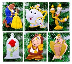 the beauty and the beast ornament collection is shown in four different styles, including princesses