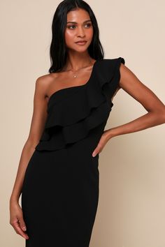 A chic-meets-elegant look is easy to achieve in the Lulus Grand Beauty Black Ruffled One-Shoulder Mermaid Maxi Dress! Stretchy, medium-weight crepe knit shapes this stylish gown with a tiered, ruffled one-shoulder sleeve that creates an asymmetrical neckline and then carries into the darted bodice. High, fitted waist flows into a figure-flaunting maxi skirt finished with a flaring, mermaid hem. Hidden side zipper/clasp. Fit: This garment fits true to size. Length: Floor length. Size medium measu Chic Fitted One Shoulder Dress, One Shoulder Bodycon Dress For Brunch, Fitted One Shoulder Bodycon Dress For Brunch, Fitted One-shoulder Bodycon Dress For Brunch, One Shoulder Ruffled Bodycon Evening Dress, Evening One-shoulder Bodycon Dress With Ruffles, One Shoulder Bodycon Dress With Ruffles For Evening, One-shoulder Bodycon Dress With Ruffles For Formal, Elegant Stretch One-shoulder Dress For Date Night