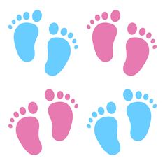 four pairs of footprints with different colors on the bottom one is pink, blue and green