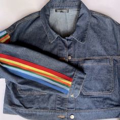 Honey Punch Denim Jacket Jean Jacket Cropped Cropped Jean Jacket Womens Size M Medium Nwot New Without Tag Knit Inset On Sleeves Rainbow Stripes Festival Ready Parade Ready Spread Collar Button Placket Dropped Shoulders Sold Out On Line Rainbow Stripes On Sleeves Festival Concert Parade Pride Month Fest Wear Fill A Box! Bundle To Save! Send An Offer! From A Smoke Free Home Trendy Multicolor Outerwear With Pockets, Trendy Rainbow Outerwear For Fall, Trendy Multicolor Long Sleeve Denim Jacket, Casual Cotton Rainbow Outerwear, Casual Rainbow Cotton Outerwear, Multicolor Denim Jacket With Pockets For Fall, Trendy Rainbow Long Sleeve Outerwear, Trendy Rainbow Outerwear For Spring, Blue Cotton Cropped Jacket For Fall