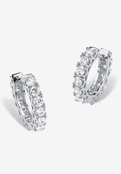 More desirable than ever and easy-to-wear, this sparkling pair of cubic zirconia eternity huggie-hoop earrings lends a sophisticated flair to your day into evening wardrobe. 2.40 carats T.W. Silvertone with surgical steel posts. .5" inside diameter. (All carat weights are approximate and may vary slightly from those listed.)FABRIC: SilvertoneMain Stone: 24 Round Faceted Cut Cubic Zirconias, 2.40 carats total weight, 3 mm x 3 mmDimensions: 3 mm wide x 15 mm long x 3 mm highIncludes gift box and d White Gold Huggie Earrings With Sparkling Cubic Zirconia, Dazzling Cubic Zirconia Hoop Earrings For Anniversary, Dazzling Diamond White Cubic Zirconia Huggie Earrings, Diamond White Hoop Earrings With Sparkling Stones For Anniversary, Dazzling Cubic Zirconia Huggie Earrings For Anniversary, Anniversary Cubic Zirconia Hoop Earrings With Sparkling Stones, Vs Clarity Cubic Zirconia Hoop Earrings, Round Cut Cubic Zirconia Huggie Earrings, Dazzling Cubic Zirconia Huggie Hoop Earrings