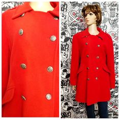 "Christmas Gift Double Breasted coat for women coat midi coat wool coat winter coat Warm coat red Coat Casual Coat retro Coat cozy coat L height of the woman in the photo - 180 cm Made in U.K. 75% WOOL, 25%nylon Lining 100% polyester Please refer to photos for details of condition. Condition: used, signs of age and wear see pictures Measurements: Length: 83 cm/32.7 \" Sleeve : 56 cm/ 22\" Shoulder to shoulder: 45\" /17.7cm Bust: 110 cm/ 43.3 \" Waist 102 cm/ 40.2\" Hips:104 cm/ 40.6 \" Tag Size Clown Clothes, Retro Coat, Cozy Coats, Women Coat, Coat For Women, Coat Winter, Red Coat, Green Outfit, Double Breasted Coat