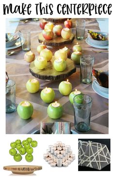 an apple centerpiece with apples on it and candles in the middle, surrounded by other items