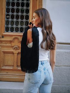 The Grace bag is handmade in the North of Spain in a decadent black fringe chainette fabric, and it features a knotted handle. We love wearing it as a statement bag. Statement Bag, Black Fringe, Feeling Special, Im Not Perfect, Fabric, How To Wear, Beauty, Black