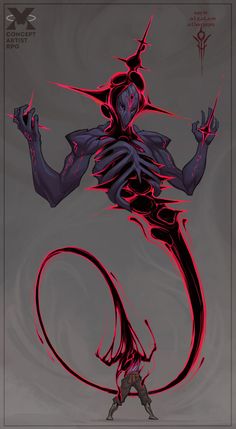 a drawing of a demon with red and black streaks on it's body, arms and legs