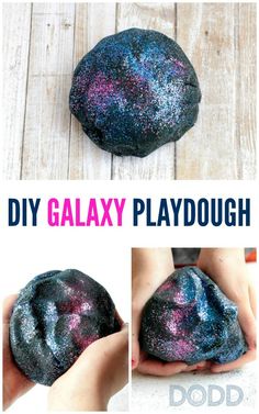 the process to make galaxy playdouh is shown in three different pictures, including one with