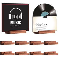 a set of wooden blocks with headphones on them and a sign that says music collection