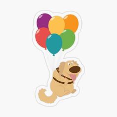 a dog with balloons sticker on it's back, sitting in the air