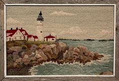 an image of a lighthouse on the shore with waves coming in from the water and rocks