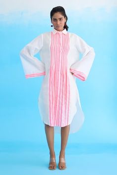 White candy striped shirt dress with pintucks details and thread tassels. - Aza Fashions Striped Tunic Dress For Spring, White Vertical Stripes Dress For Daywear, Thread Tassels, Shirt Dress Women, White Candy, Striped Shirt Dress, Candy Stripes, Pin Tucks, Women Dresses