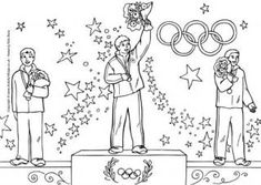 two men standing on top of a podium with flowers in their hands and the olympic rings above them