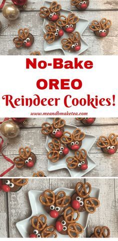 no bake oreo reindeer cookies with pretzels and candy eyes on them