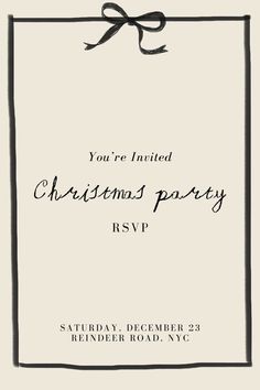 a christmas party card with a bow on it