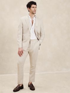 Tailored-Fit Tuxedo Suit Jacket | Banana Republic Factory Men’s Wedding Suit Linen, Groomsmen Linen Suits, Mexico Wedding Attire, Classic Slim Fit Spring Blazer, Classic Slim Fit Summer Blazer, Classic Summer Slim Fit Blazer, Fitted Summer Blazer For Business Casual, Summer Fitted Business Casual Blazer, Luxury Beige Suits For Spring