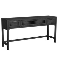 a black console table with two drawers and perfored design on the top, against a white background